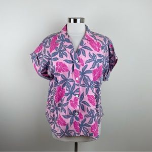 Vintage Helena's Hawaiian Pink Floral Button Down Short Sleeve Shirt Top Women